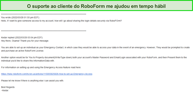 Captura de tela da resposta do suporte do RoboForm.