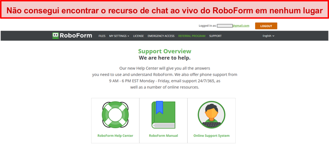 Captura de tela das opções de suporte do RoboForm.