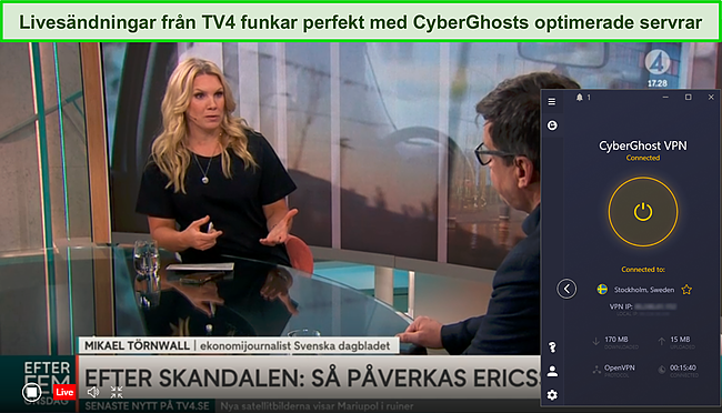 Skärmdump av Tv4 som spelar en livestream medan CyberGhost är ansluten till sin optimerade server i Sverige.