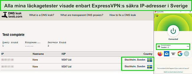 Skärmdump av ett lyckat DNS-läckagetest medan ExpressVPN är anslutet till en server i Sverige.