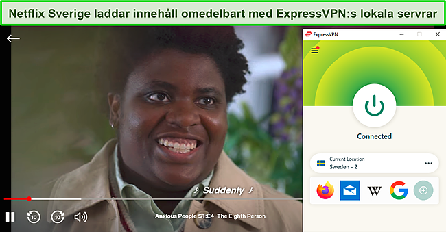 Skärmdump av Anxious People som streamar på Netflix medan ExpressVPN är ansluten till en server i Sverige.