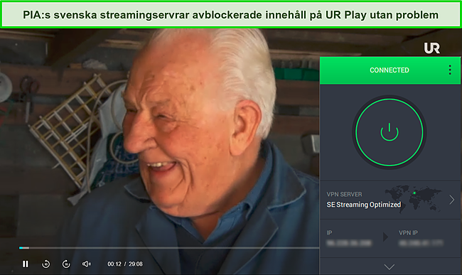 Skärmdump av en show som spelas på URPlay medan PIA är ansluten till sin streamingoptimerade server i Sverige.
