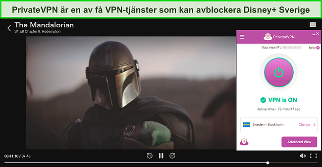 Skärmdump av The Mandalorian som streamar på Disney+ medan PrivateVPN är ansluten till en server i Stockholm.