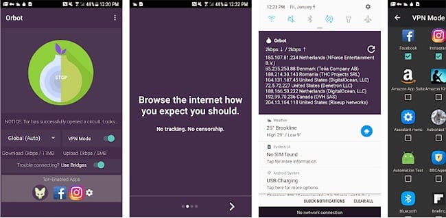 Plusieurs cadres montrant des captures d'écran de l'interface d'Orbot sur Android