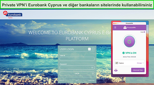 PrivateVPN'in Eurobank Cyprus engellemesini kaldırmasının ekran görüntüsü.