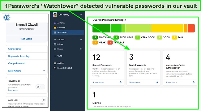Screenshot of 1Password's Watchtower dashboard