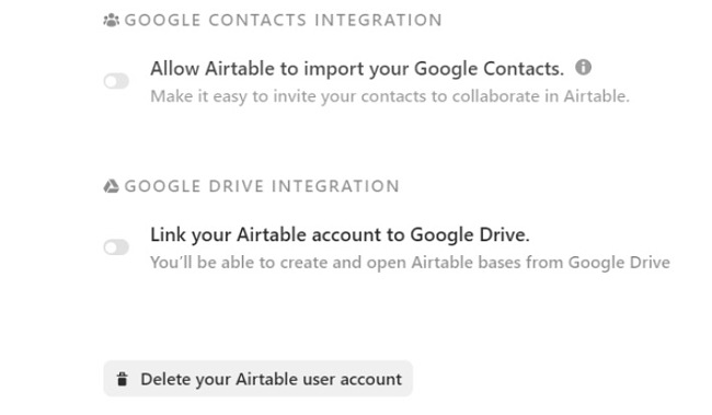 Captura de pantalla de las integraciones de la cuenta de Airtable