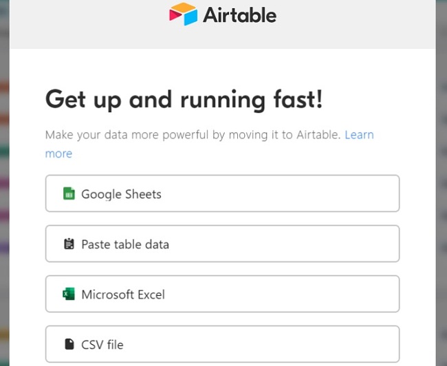Captura de pantalla de configuración de Airtable