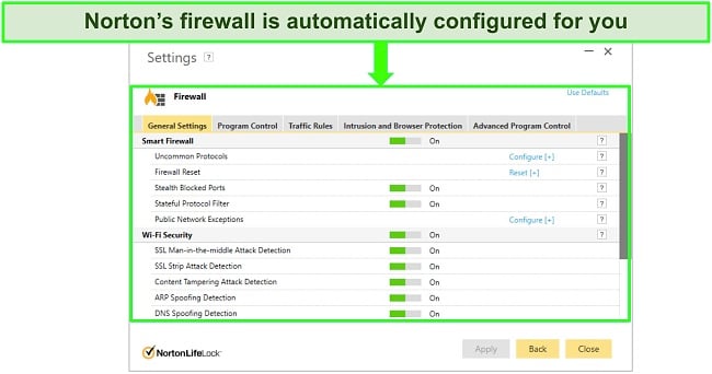 Screenshot of Norton Firewall automatically turned on