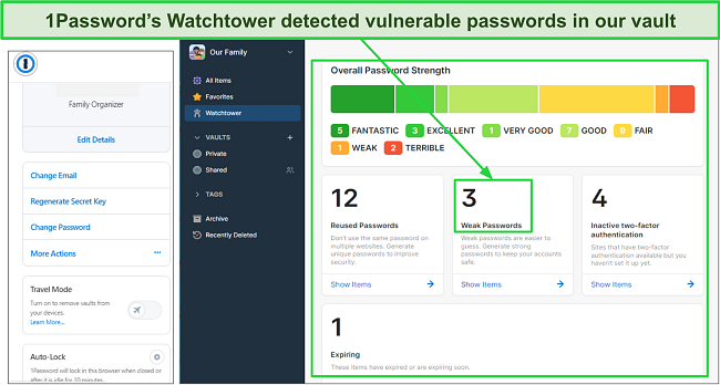 Screenshot of 1Password's Watchtower detecting weak passwords