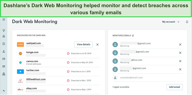 Screenshot of Dashlane's Dark Web Monitoring