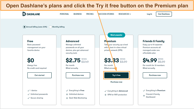 Screenshot of how to start Dashlane's free trial