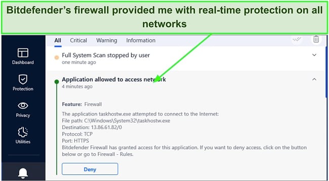 Screenshot of Bitdefender firewall alert