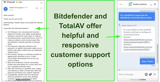 Screenshot of customer support response for Bitdefender and TotalAV