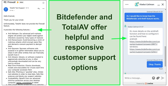 Screenshot of customer support response for Bitdefender and TotalAV