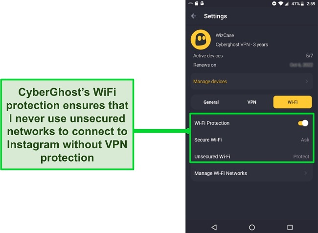 Screenshot of CyberGhost's Android interface showing WiFi protection options