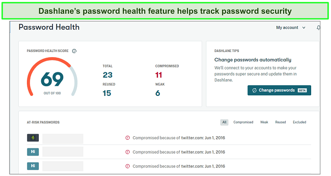 Dashlane's password health feature in action