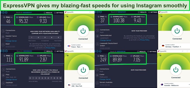 Screenshot of 4 speed tests while ExpressVPN is connected to servers in the US, France, Germany, and Australia