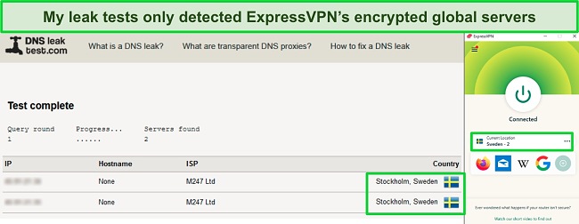 Screenshot of a DNS leak test showing no data leaks while ExpressVPN is connected to a server in Sweden