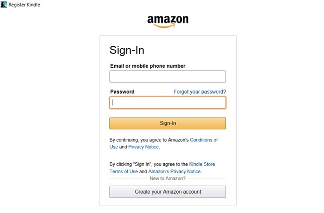 Kindle login screenshot