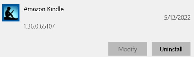 Captura de tela de desinstalação do Kindle