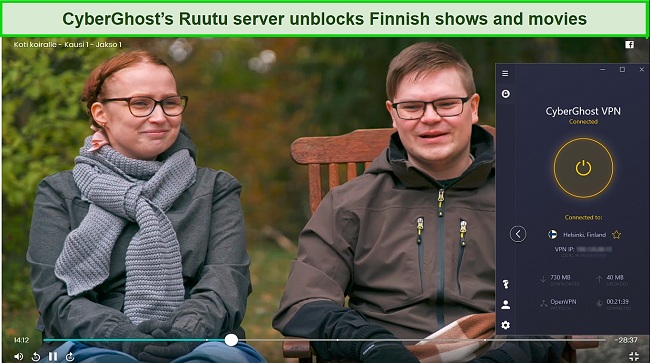 Screenshot of a show streaming on Ruutu while CyberGhost is connected to a server in Finland