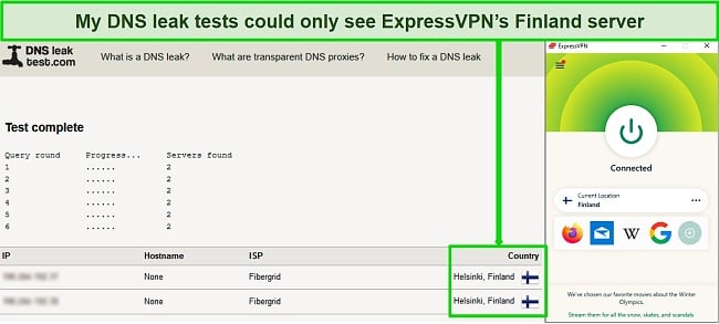 Screenshot of a successful DNS leak test while ExpressVPN is connected to a server in Finland