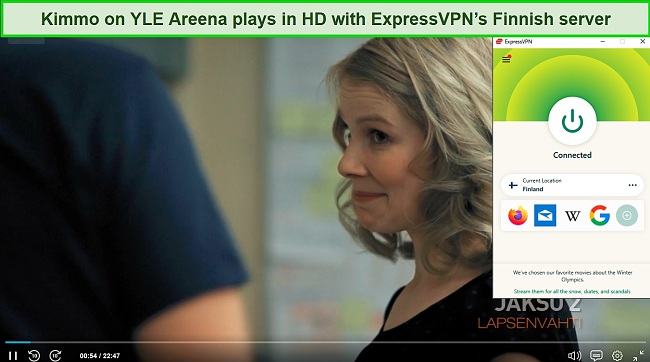 Screenshot of an episode of Kimmo streaming on YLE while ExpressVPN is connected to a server in Finland