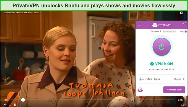 Screenshot of an episode of Isänmaan toivot streaming while PrivateVPN is connected to a server in Finland