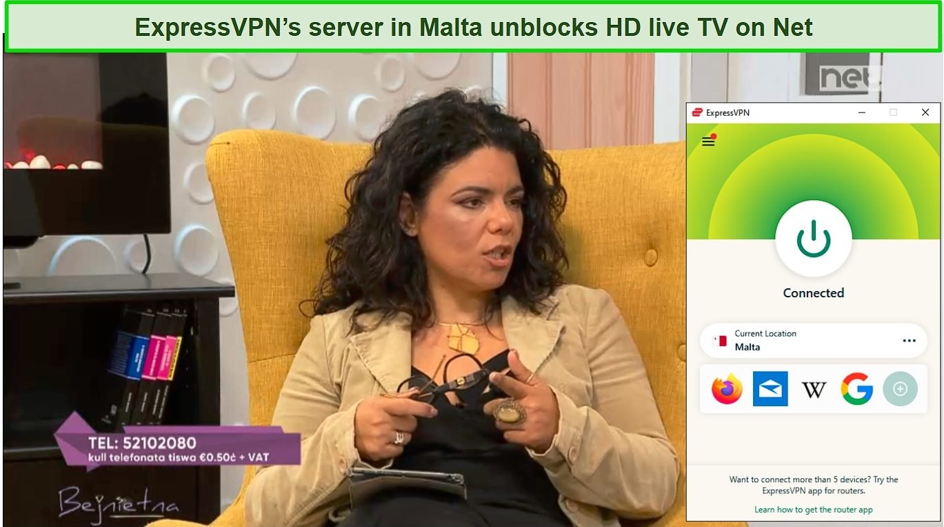 Screenshot of a live show streaming on Net while ExpressVPN is connected to a server in Malta