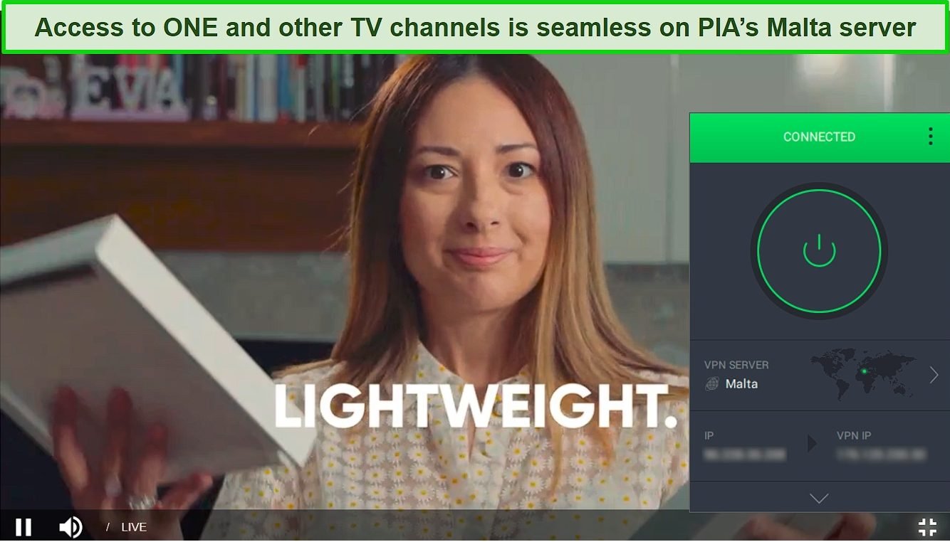 Screenshot of a live broadcast of ONE while PIA is connected to a server in Malta