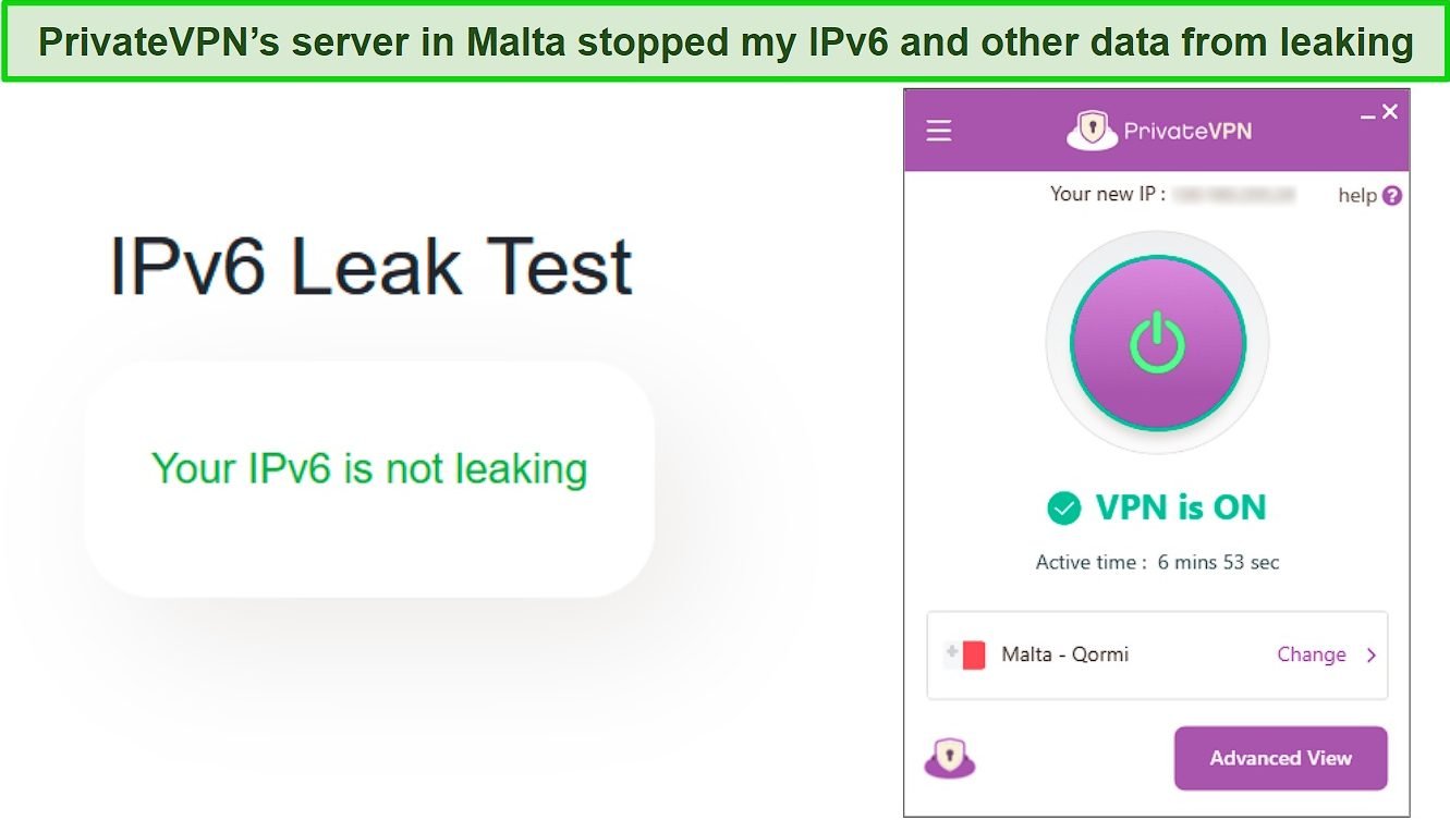 Screenshot of a successful passed IPv6 leak test while PrivateVPN is connected to a server in Malta