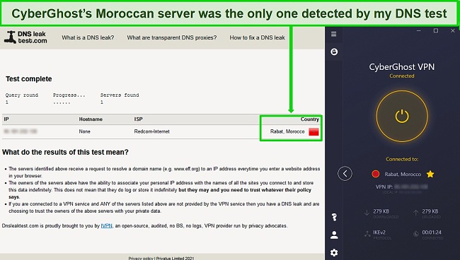 Screenshot of a DNS test detecting an IP address in Morocco while CyberGhost is connect to its server there
