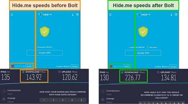 Screenshot of speed tests on Hide-me server in Morocco before and after activating Hide-me Bolt