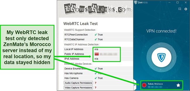 Screenshot of a successful WebRTC leak test while ZenMate is connected to a server in Morocco