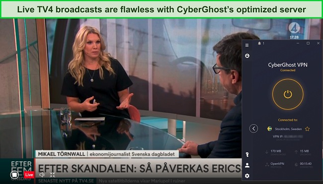 Screenshot of Tv4 playing a live stream while CyberGhost is connected to its optimized server in Sweden
