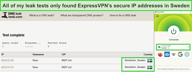 Screenshot of a successful DNS leak test while ExpressVPN is connected to a server in Sweden