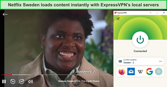 Screenshot of Anxious People streaming on Netflix while ExpressVPN is connected to a server in Sweden