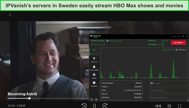 Screenshot of Becoming Astrid streaming on HBO Max while IPVanish is connected to a server in Stockholm