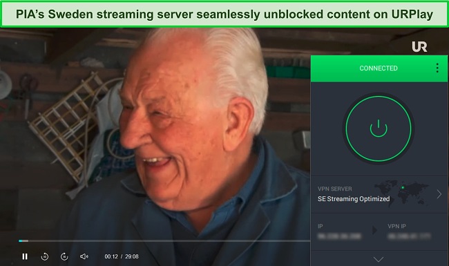 Screenshot of a show playing on URPlay while PIA is connected to its streaming-optimized server in Sweden