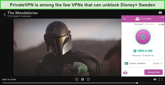 Screenshot of The Mandalorian streaming on Disney+ while PrivateVPN is connected to a server in Stockholm