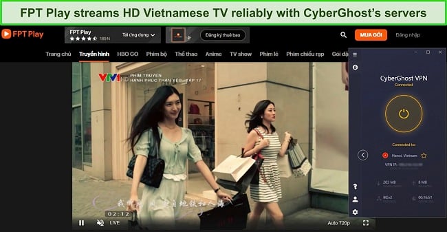 Screenshot of FPT Play streaming TV1 while CyberGhost is connected to a server in Vietnam