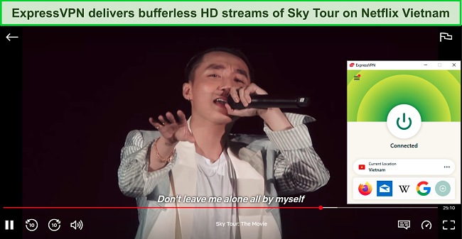 Screenshot of Sky Tour: The Movie streaming on Netflix while ExpressVPN is connected to a server in Vietnam
