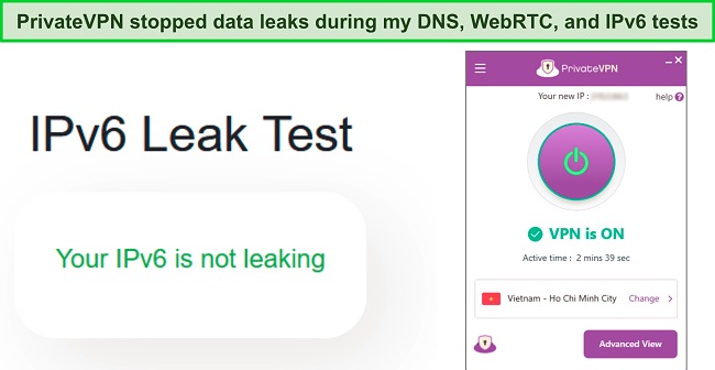 Screenshot of a successful IPv6 leak test while PrivateVPN is connected to a server in Argentina.