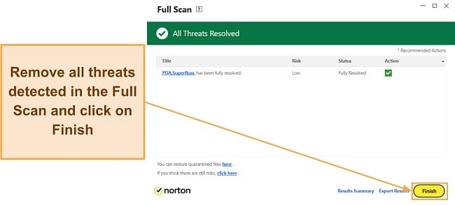 Screenshot showing how to complete Norton's Full scan