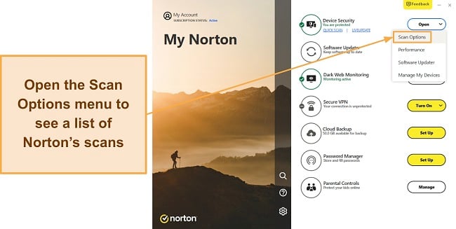 Screenshot showing how to access Norton's Scan Options menu