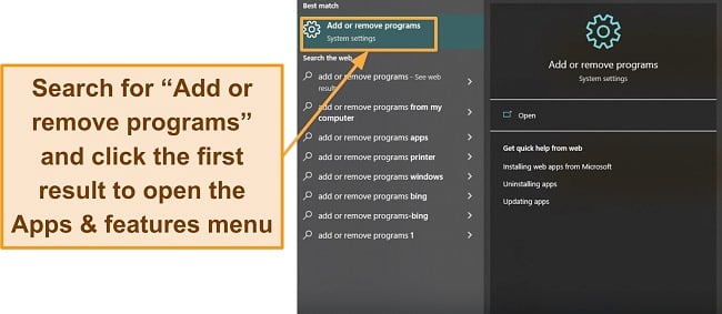 Screenshot showing how to open Windows' Apps & features menu