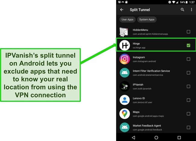 Screenshot of IPVanish's split tunnel menu showing a list of apps and Hinge selected.