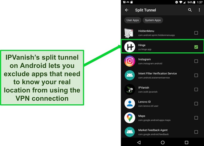 Screenshot of IPVanish's split tunnel menu showing a list of apps and Hinge selected