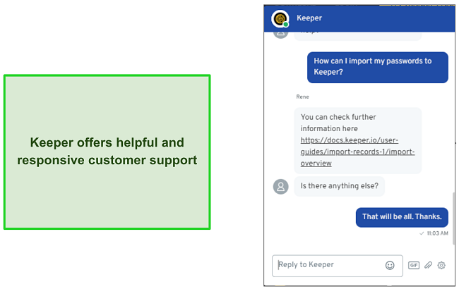Conversation with Keeper's live chat support